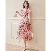 화려한 원피스 쉬폰 꽃무늬 여신룩 드레스 여성 슬리밍 롱 해외여행 휴가지 원피스
