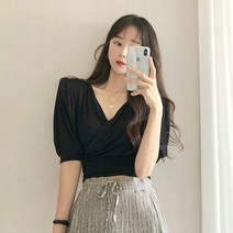 여성용 무지 브이 반팔 여성스러운 랩셔링어깨패드크롭티