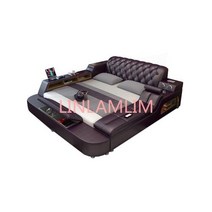 스마트침대 정품 가죽 침대 프레임 부드러운 마사지 저장 안전 스피커 LED 조명 침실