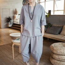 삼배옷 티셔츠 남 통기 빅사이즈 칠부 소매 트렌드 루즈핏 린넨 반팔 세트 여름 면 얇은 브이넥