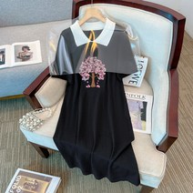 빅사이즈 여성복 여름 통통 MM 패션 배색 자수 루즈핏 날씬해 보이는 골프 셔츠 테니스 넥 가벼운 기질 원피스