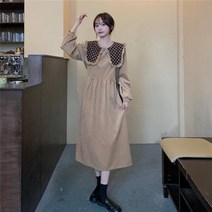 봄 간절기 가을 큰 체크 카라 긴소매 프릴 롱 벨벳 원피스 빅 사이즈 드레스 a3