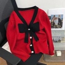 리본 니트 리본티 여성 가디건 브이넥 패치워크 스웨터 싱글 봄 스위트
