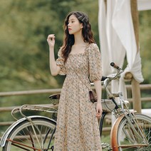 빅사이즈원피스 결혼식원피스 돌잔치원피스 S-3XL 꽃 무늬 쉬폰 드레스 여성 스위트 퍼프 슬리브 제국 빈티