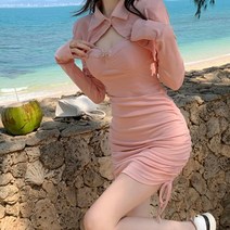 긴팔 하객룩 프렌치 원피스 숏 긴팔 숄 카디건 + 핫 걸 허리 슬림 주름 가방 힙 펜더투피스 슈트