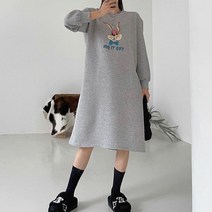 퍼니걸스 5894 루즈핏 토끼 나염 프린팅 기모 롱 원피스 여성의류