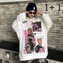 JUST FEEL!NG 1+1 커플맨투맨티 빈티지 커플 후드 힙합 스트리트 주니어 캐릭터 프린팅 후드티 맨투맨 상의