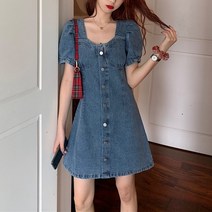 잇츠스타일 스퀘어넥 퍼프 슬림 데님 미니 원피스
