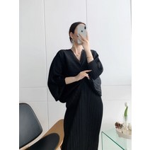 여성 원피스 미야케 플리츠 롱 드레스 2021 가을 여성 우아한 드레스 박쥐 해외직구