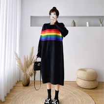 티피 신제품 여성 루즈핏 패션 무지개 스트라이프 니트 원피스
