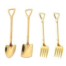 4PCS 삽 스푼 포크 삽 커피 스푼 차 스푼 삽 핸들 디저트 스푼 아이스크림 스푼 삽 모양 포크 과일 포크, 4피스 골드, 하나