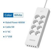 스마트 전기 콘센트 NTONPOWER 멀티 플러그 전원 스트립 EU 연장 코드 소켓 서지 보호기 홈 오피스 용 USB 포함, Eu 플러그_8AC 5USB White 5M