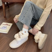 도오빠 MOTO 여성 털 부츠 기모 안감 방울 리본 숏 앵클 부츠 폼폼 겨울 여자부츠 발편한 신발