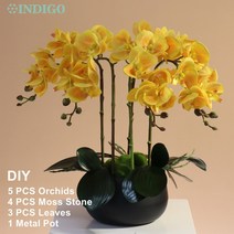 화병 도자기 유리 돌 흰색 나방 난초 DIY 꽃꽂이 (5PCS 4PCS 이끼 잎 + 냄비) 나비 꽃 장식 중심 인디고, 05 1 SET DIY