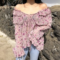 여성용 해즈 오프숄더 플라워 프릴 쉬폰 블라우스