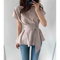 랩스타일 놈코어 무지 린넨 마면 금속 벨트 페블럼 오트밀 라운드넥 캡소매 셔츠 블라우스