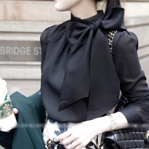 하프넥 왕리본 쉬폰 블라우스 블랙 화이트 S ML XL 다소미얼