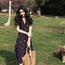 체리 브이넥 원피스 체리 귀여운 허리끈 롱 얇은 여름 시원한 치마