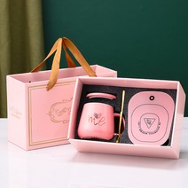 55도 온도 조절 머그 보온병 가열 패드 다이아몬드 세라믹 커피 머그, 세라믹 컵, 핫 핑크 미 컵 + 캡 + 스푼 + 항온 세트 30 세