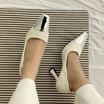 애나멜 실버 골드 투톤 배색 퀼팅 청키굽 하이힐 펌프스 블랙 화이트 10cm