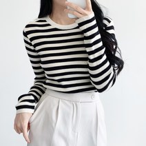 러브앤시티 여성 프랜치 단가라 라운드니트 줄무늬니트 국산니트