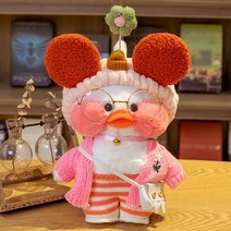 PKTOYS 말을 하고 녹음할 수 있다귀여운 오리 인형크리스마스 여자친구 선물 추천명절선물, 레드 플라워 헤어밴드 레드 오버올 화이트 백, 30cm[녹취록]