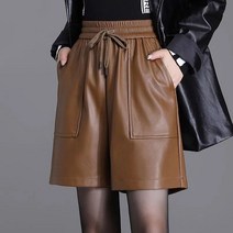 가을 겨울 여성 가죽 바지 밴딩 하이웨이스트 루즈핏 날씬해 보이는 5부 팬츠 와이드 팬츠