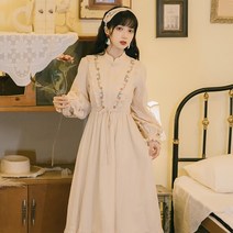 데이 청순 프릴 자수 에스닉 플라워 롱 원피스