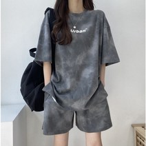 [시온맘] 휴가지 편안하고 멋스러운 캐주얼 물감 여성 상하 세트 여성 루즈한 데일룩