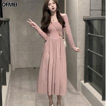 DFMEI 미디엄 솔리드 라운드넥 패치 긴팔 원피스 여성복