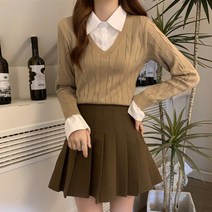 마쿠쿠 셔츠 혼합 브이넥 카라 페이크 긴팔 니트 투피스