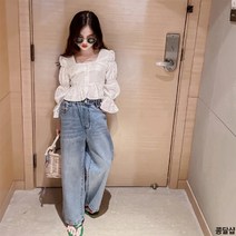 콩달샵 주니어 여아 크롭블라우스+힙한청바지 봄가을옷 초등학생옷 상하복세트 [A016]
