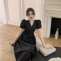 빈티지 헵번 브이넥 느낌 벌룬 여하양 우아하고 하이웨이스트 LAP원피스 드레스 하객원피스 롱원피스 여성 린넨