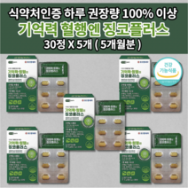 코오롱제약 두뇌 뇌 기억력 혈행 엔 징코 플러스 은행잎추출물 150mg 비타민 아연 7중 복합 기능성 식약처 인증 기억 혈행 기능 개선 뇌 세포 건강 기능 식품 영양제 30정, 5개