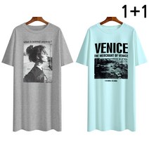 엠제이스타 1+1 셋트 여성용 롱티 프린팅 레터링 반팔 티셔츠 빅사이즈