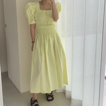 편한원피스 여름 복고풍 햅번 스타일 주름 허리 퍼프 슬리브 스퀘어 칼라 드레스 바캉스 휴가룩 원사이즈