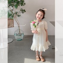 에모베베 소녀 인형 넥타이 크림 살구색 공주 치마 어린이 별 주름 달콤한 레이스 원피스