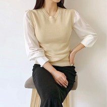 퍼니걸스 3927 데일리 배색 레이어드 라운드 니트 블라우스 여성의류
