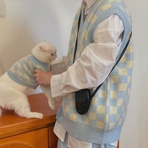 강아지견주커플옷 니트 체크조끼 가을 겨울 패션 애견커플룩, 블루견주옷