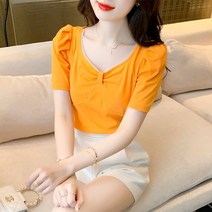 HQINT 2022 새로운 틈새 디자인 스퀘어 칼라 네일 버블 슬리브 슬림 한 몸가 다목적 면화 짧은 -Sleeved t- 셔츠 ZA-244915