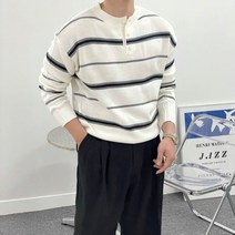 [4컬러] 게이지 남자 단가라 스트라이트 라운드 헨리넥 니트