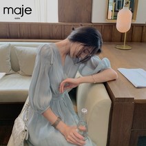 Maje kara 2021 여름 새로운 스타일 감소 연령 블루 퓨어 컬러 슬림 화이트 쉬폰 드레스 여성