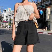 DFMEI.찢청 반바지 여 얇은 패션 하이웨이스트 날씬해 보이는 5부 와이드 미디엄 팬츠