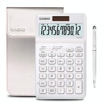 CASIO 카시오 JW200SC 계산기+가죽케이스 재무회계 사무용 출장용 슬림패블릿 스크린 계산기, 화이트+가죽 파우치(펜 없음)