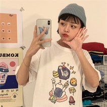 봄 여름 순면 루즈핏 우주인 캐릭터 반팔 티셔츠 블라우스