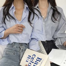 니유컴퍼니 스트라이프 볼륨 핀턱 소매 퍼프스 셔츠