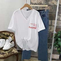 상상그이상 여성용 국내제작 맥 브이넥 티셔츠 부드러운 슬라브원단 영문 레터링 포인트 기본 반팔티셔츠