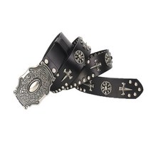 명품 가죽 남성 벨트 3.8CM 빈티지 메탈 스컬 펑크 청바지 스터드 카우보이 스트랩 Cinturon Ceinture 옴므 금속 해골
