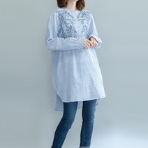 지홍 긴팔 줄무늬 면셔츠 자수 블라우스