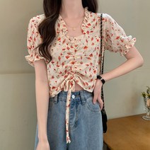 빅사이즈 여성 여름 통통 mm 프렌치 디자인 느낌 스트링 플라워 블라우스 상의